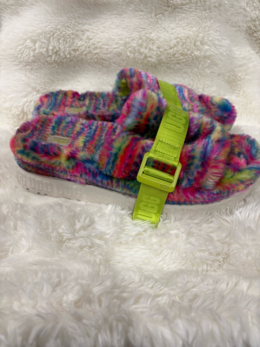 UGG Neon Multi Faux Fur Slide with Lime Strap - Picture 8 of 10